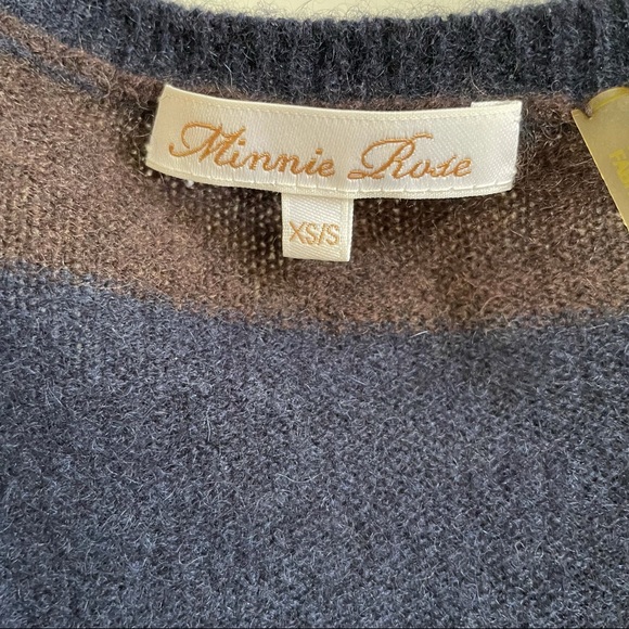 MINNIE ROSE Cashmere Striped 3/4 Sleeve Navy and Brown Oversized Sweater XS/S - Picture 4 of 9